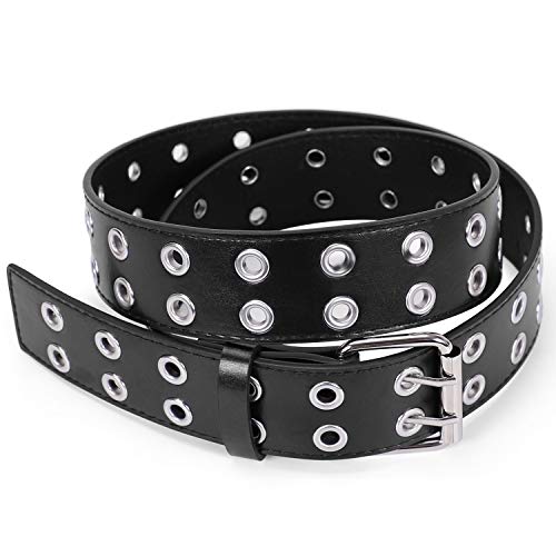 WHIPPY Double Grommet Belt for Women Men PU Leather Double Prong Buckle Vintage Punk Rock Jeans Belts