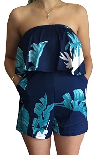 ECOWISH Women Off Shoulder Romper Strapless Floral Print Striped Beach Shorts Jumpsuit
