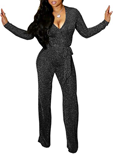 FairBeauty Women's Sexy Sparkly Jumpsuits Clubwear One Piece Deep V Neck Long Sleeve Pants with Belt - Image 3