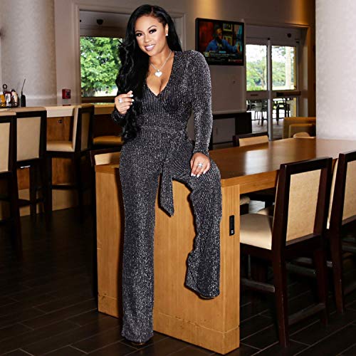 FairBeauty Women's Sexy Sparkly Jumpsuits Clubwear One Piece Deep V Neck Long Sleeve Pants with Belt - Image 4