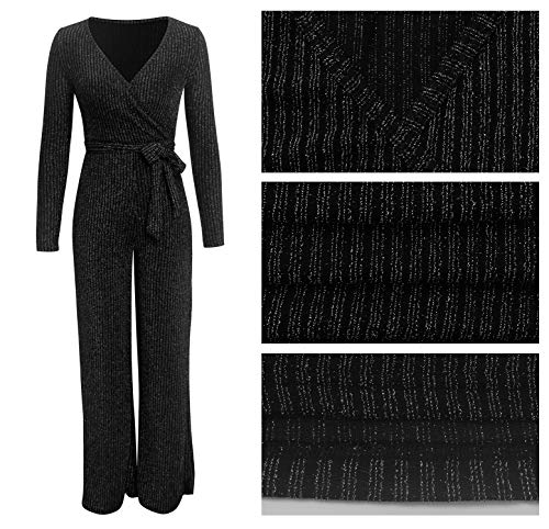 FairBeauty Women's Sexy Sparkly Jumpsuits Clubwear One Piece Deep V Neck Long Sleeve Pants with Belt - Image 7
