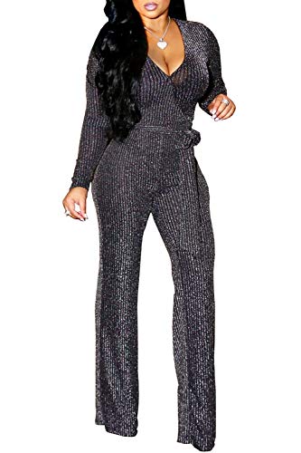 FairBeauty Women's Sexy Sparkly Jumpsuits Clubwear One Piece Deep V Neck Long Sleeve Pants with Belt