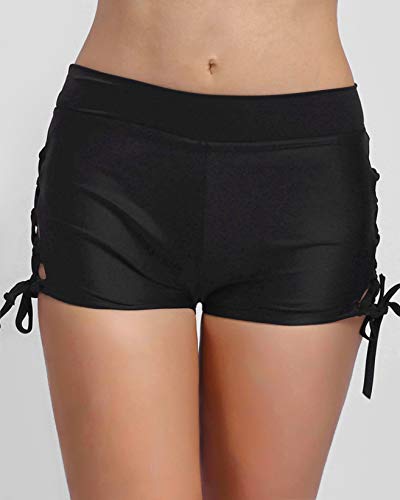 FanShou Women Sporty Tankini Swimsuit Boyshort Swim Bottom Lace Up Board Short (Black, Asia Tag Small/US Size 4-6) - Image 3