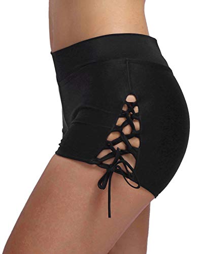 FanShou Women Sporty Tankini Swimsuit Boyshort Swim Bottom Lace Up Board Short (Black, Asia Tag Small/US Size 4-6)