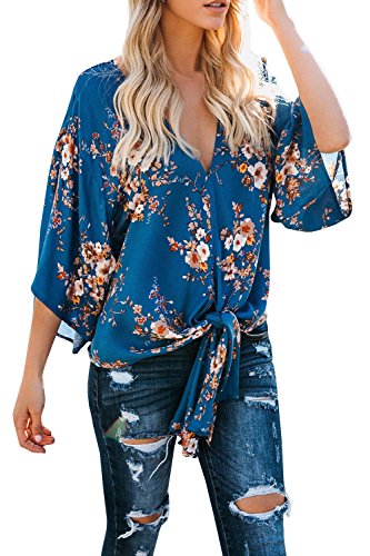 Farktop Womens Floral V Neck Tie Knot Front Blouses Bat Wing Short Sleeve Chiffon Tops Shirts - Image 3