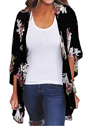 FINOCEANS Womens Floral Chiffon Kimono Cardigans Loose Beach Cover Up Half Sleeve Tops
