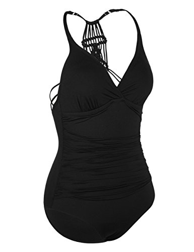Firpearl Women's Tummy Control One Piece Bathing Suits V Neck Swimsuits Hand-Braid Macrame Ruched Slimming Swimwear - Image 3