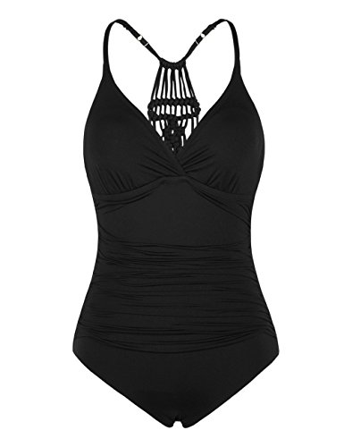 Firpearl Women's Tummy Control One Piece Bathing Suits V Neck Swimsuits Hand-Braid Macrame Ruched Slimming Swimwear