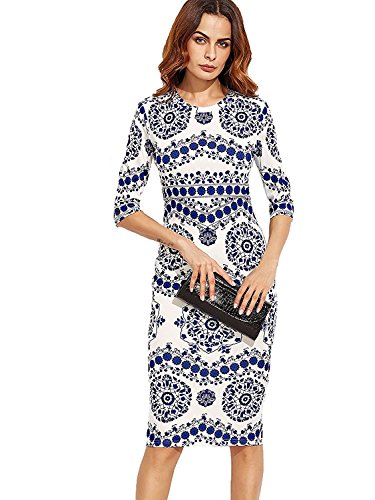 Floerns Women's Porcelain Print Work Sheath Business Pencil Dress