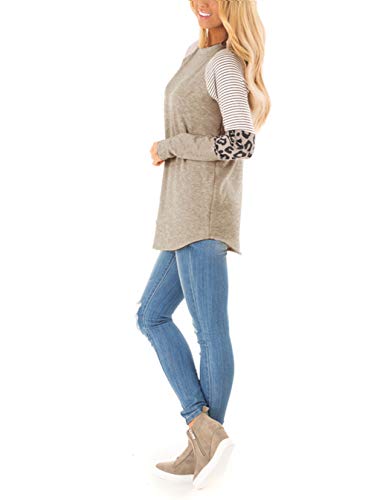 Floral Find Women's Long Sleeve Leopard Color Block Tunic Comfy Stripe Round Neck T Shirt Tops - Image 3