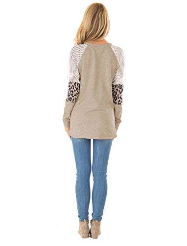 Floral Find Women's Long Sleeve Leopard Color Block Tunic Comfy Stripe Round Neck T Shirt Tops - Image 4
