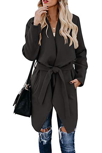 Foshow Women's Lapel Wrap Belted Pea Coat Jacket Casual Long Sleeve Dress Trench Coats with Pockets