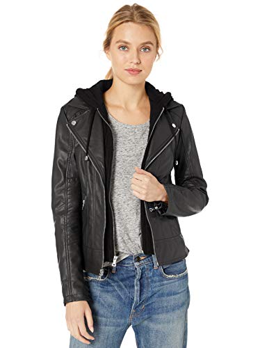 GUESS Women's Faux Leather Hooded Moto Jacket
