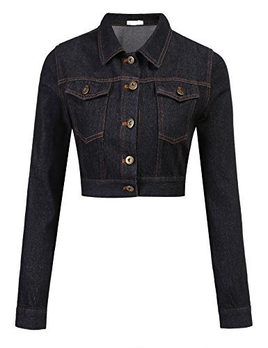 Grabsa Women's Button Down Long Sleeve Cropped Denim Jean Jacket with Pockets