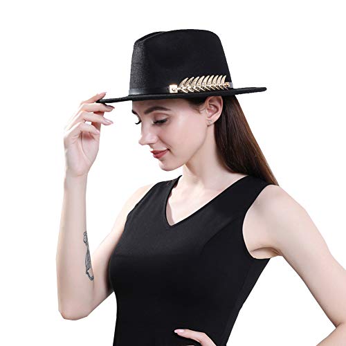 HUDANHUWEI Women's Wide Brim Fedora Panama Hat with Metal Belt Buckle Black-1 - Image 6