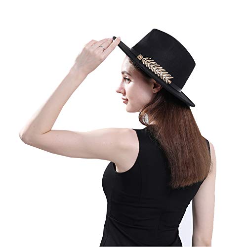 HUDANHUWEI Women's Wide Brim Fedora Panama Hat with Metal Belt Buckle Black-1 - Image 8