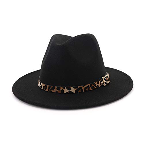 HUDANHUWEI Women's Wide Brim Felt Fedora Panama Hat with Leopard Belt Buckle