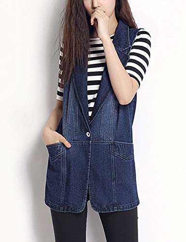 HUPOO Women's Slim Buttons Front Ripped Frayed Mid Long Denim Jean Vest Jacket Coats (02 Blue, Small) - Image 3