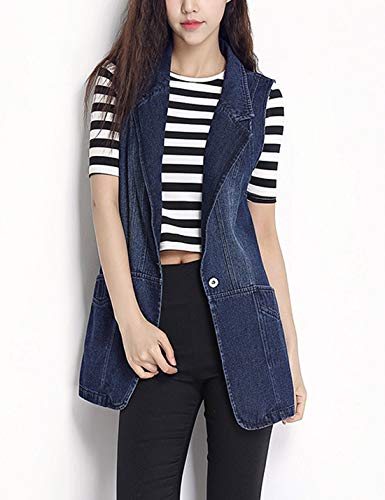 HUPOO Women's Slim Buttons Front Ripped Frayed Mid Long Denim Jean Vest Jacket Coats (02 Blue, Small) - Image 4