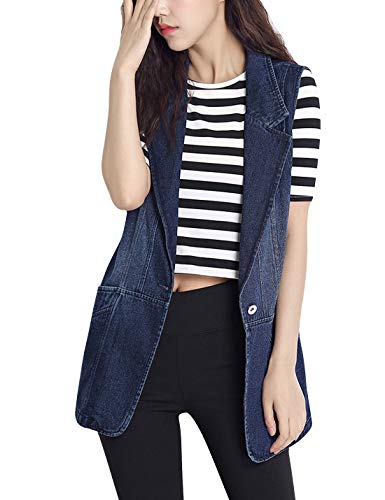 HUPOO Women's Slim Buttons Front Ripped Frayed Mid Long Denim Jean Vest Jacket Coats (02 Blue, Small)