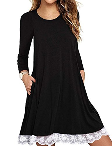 Halife Women's Summer Fall Short Sleeve Long Sleeve Lace Hem T-Shirt Loose Dress with Pockets