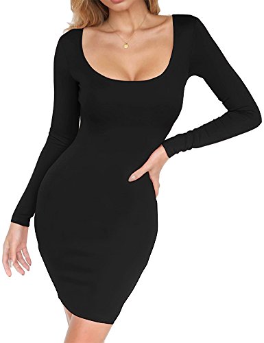 Haola Women's Scoop Neck Long Sleeve Midi Party Bodycon Dress Lady Strench Club Dress