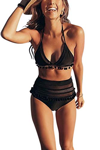 Heymiss Womens High Waisted Bikini Set Stripe Tassel Halter Two Pieces Swimsuits