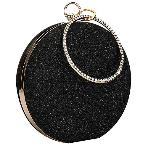 Women Top Handle Handbags Tote Bag Purse Clutch Bag With Chain Circular Ring With Rhinestone (Black) - Image 3
