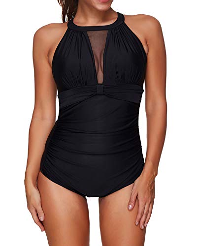 I2CRAZY Womens One Piece Swimsuits Mesh V Neck Monokini Bathing Suits Tummy Control Swimwear (Available in Plus Size)