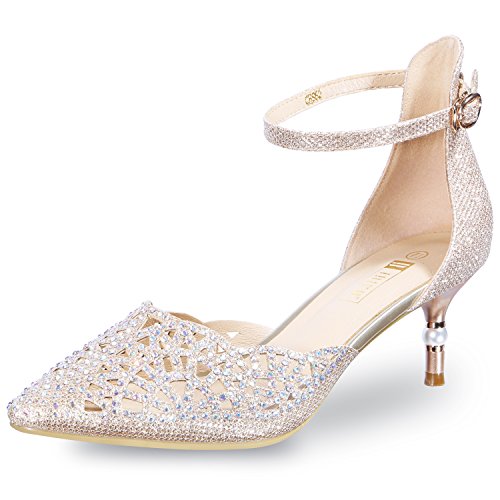 IDIFU Women's IN2 Candice Wedding Rhinestones Sequins Low Kitten Heels Pumps Dress Evening Shoes for Women Bridal Bride