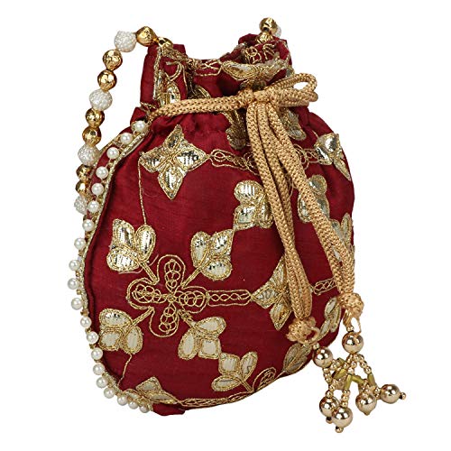 Indian Ethnic Designer Embroidered Silk Potli Bag Batwa Pearls Handle Purse Clutch Purse for Women Evening Party