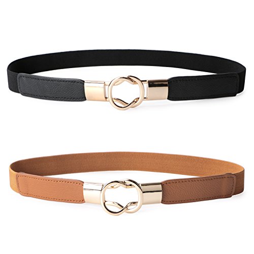 JASGOOD 2 Pack 3 Pack Women Retro Elastic Stretchy Metal Buckle Skinny Waist Belt 1 inch Wide