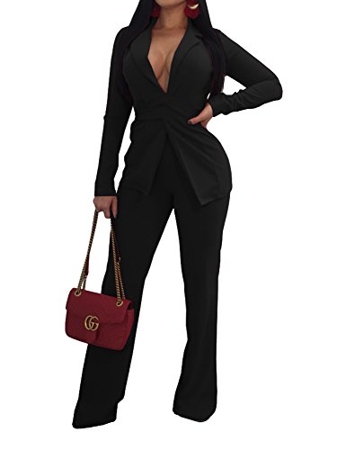 Jeanewpole1 Women Sexy Two Piece Blazer Outfits Long Sleeve Slim Fit Jacket with Long Pants Suit Set (Small, Black)