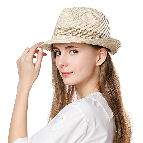 Jeff & Aimy Mens Panama Straw Fedora Trilby Summer Beach Sunhat Short Brim Cuban Jazz Cap Foldable Beige 56-58CM - Image 3
