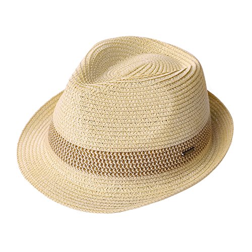 Jeff & Aimy Mens Panama Straw Fedora Trilby Summer Beach Sunhat Short Brim Cuban Jazz Cap Foldable Beige 56-58CM - Image 4
