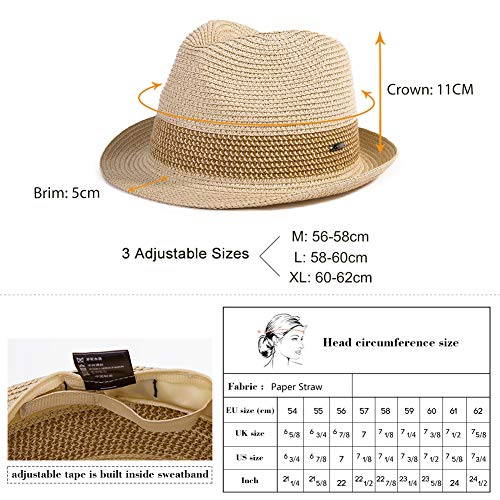 Jeff & Aimy Mens Panama Straw Fedora Trilby Summer Beach Sunhat Short Brim Cuban Jazz Cap Foldable Beige 56-58CM - Image 6