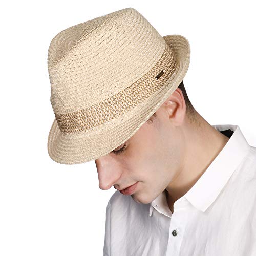 Jeff & Aimy Mens Panama Straw Fedora Trilby Summer Beach Sunhat Short Brim Cuban Jazz Cap Foldable Beige 56-58CM