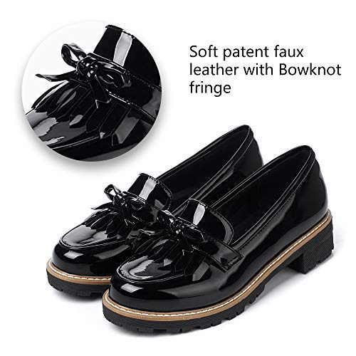 KARKEIN Women's Patent Leather Slip On Shoes Tassel Low Heel Penny Loafers Bowknot Oxford Shoes - Image 3