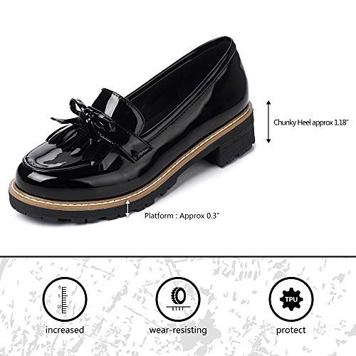 KARKEIN Women's Patent Leather Slip On Shoes Tassel Low Heel Penny Loafers Bowknot Oxford Shoes - Image 4