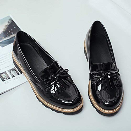 KARKEIN Women's Patent Leather Slip On Shoes Tassel Low Heel Penny Loafers Bowknot Oxford Shoes - Image 6