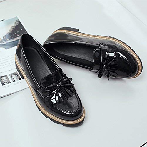 KARKEIN Women's Patent Leather Slip On Shoes Tassel Low Heel Penny Loafers Bowknot Oxford Shoes - Image 7