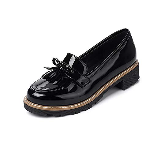 KARKEIN Women's Patent Leather Slip On Shoes Tassel Low Heel Penny Loafers Bowknot Oxford Shoes