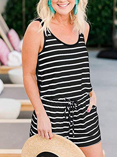 KIRUNDO 2023 Women's Casual Striped Sleeveless Jumpsuits Crewneck Tie Waist Tank Top Short Romper Pajama with Pockets - Image 3