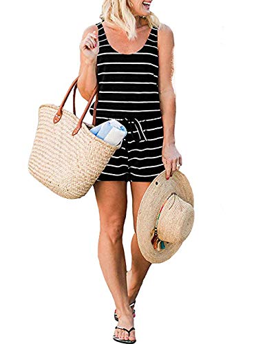 KIRUNDO 2023 Women's Casual Striped Sleeveless Jumpsuits Crewneck Tie Waist Tank Top Short Romper Pajama with Pockets - Image 4