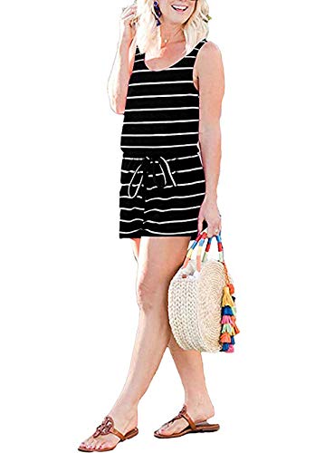 KIRUNDO 2023 Women's Casual Striped Sleeveless Jumpsuits Crewneck Tie Waist Tank Top Short Romper Pajama with Pockets - Image 5