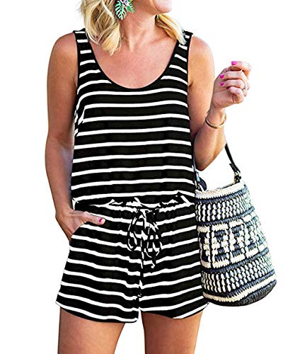 KIRUNDO 2023 Women's Casual Striped Sleeveless Jumpsuits Crewneck Tie Waist Tank Top Short Romper Pajama with Pockets