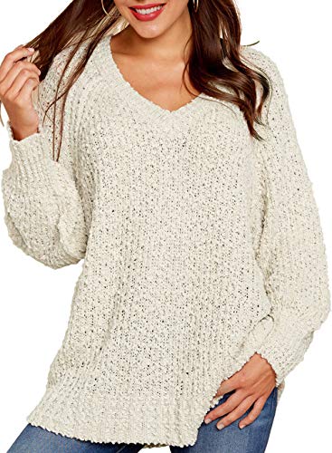 KIRUNDO 2023 Fall Winter Women's Fuzzy Popcorn Sweaters V Neck Long Sleeves Loose Fit Sweatshirt Solid Tops Pullover