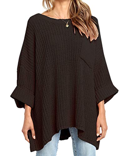 KIRUNDO Women’s Winter Long Knitted Sweater Dress Off Shoulder 3/4 Sleeves Oversized Loose Solid Color Pullover
