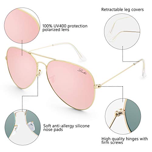 LIVHO Classic Aviator Sunglasses for Women Men Polarized,Metal Frame Mirror UV Lens Protection(Gold Cherry powder, 58) - Image 4
