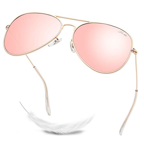 LIVHO Classic Aviator Sunglasses for Women Men Polarized,Metal Frame Mirror UV Lens Protection(Gold Cherry powder, 58)